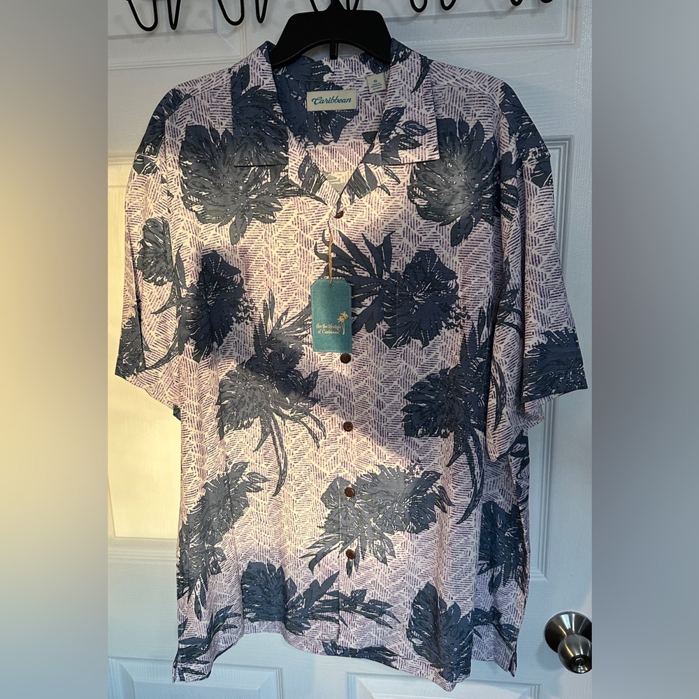 Caribbean Men's Tropical Print Shirt - Blue and White